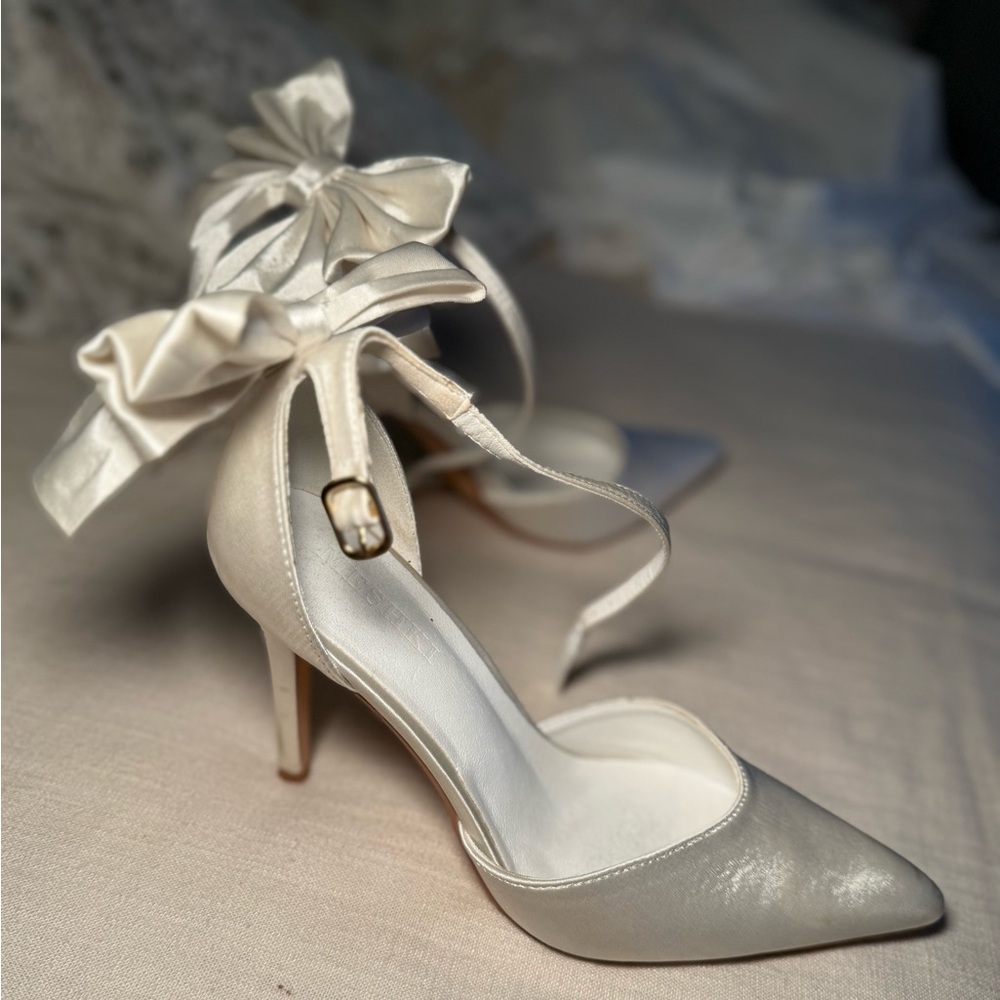 Meshki White Satin Bridal Heels